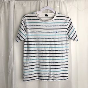 Nautica Striped Scoop Neck Tshirt White with Navy and Teal Stripes Size Large